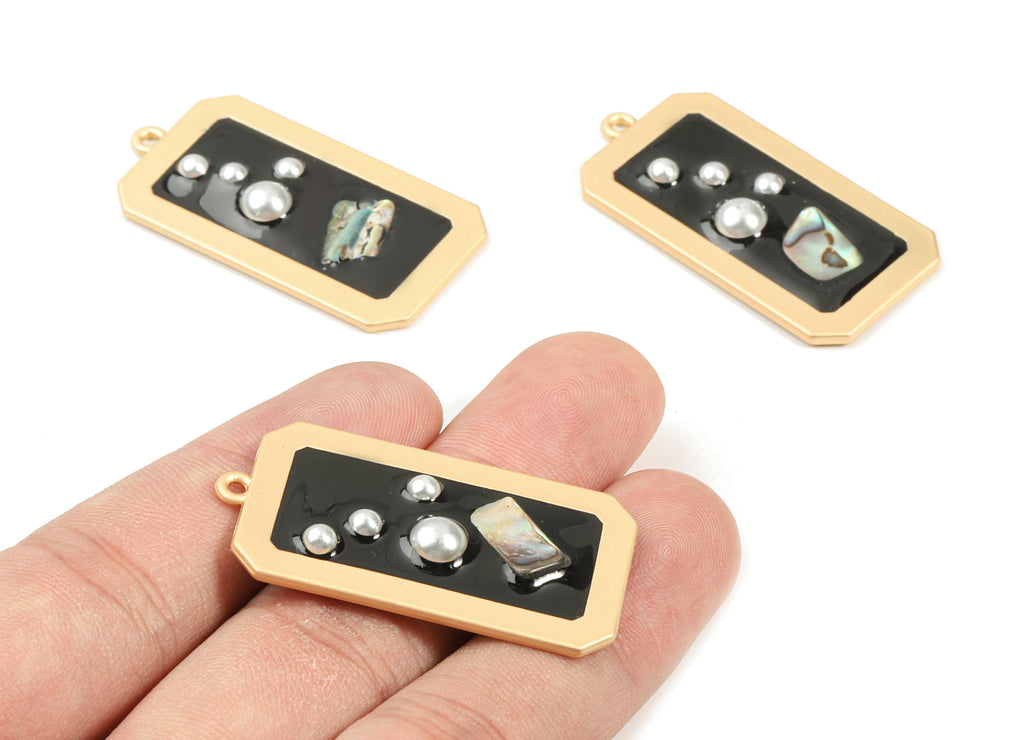 Alloy Rectangle Enamel Charms - Alloy Enamel Charm With Pearls and Shell - Gold Tone Plated - Earring Finding - 40.7x21.36x4.57mm - ZZ1585A - DOMEDBAZAAR