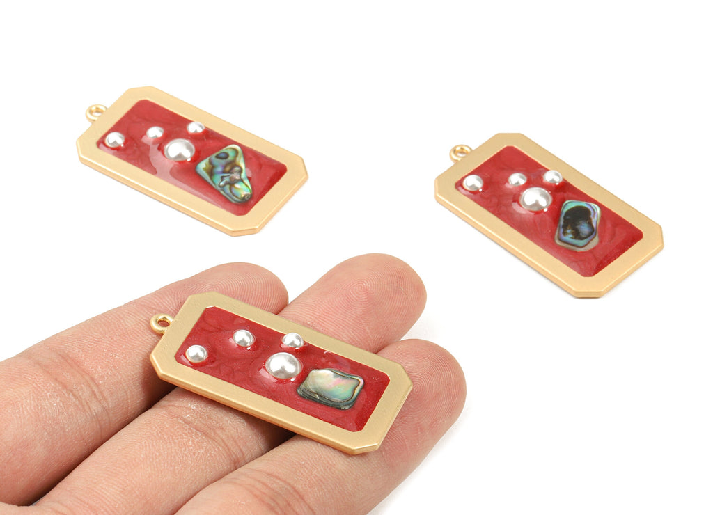 Alloy Rectangle Enamel Charms - Alloy Enamel Charm With Pearls and Shell - Gold Tone Plated - Earring Finding - 40.7x21.36x4.57mm - ZZ1585B - DOMEDBAZAAR