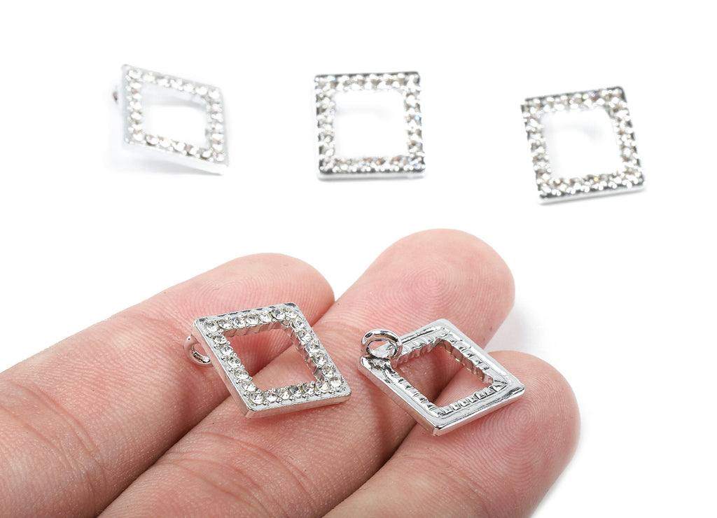 Alloy Square Charms - Zinc Alloy Square Earrings - Alloy Glass Beads Pendant - Silver Tone Plated - 13.96x13.96x2.05mm - ZZ1564 - DOMEDBAZAAR