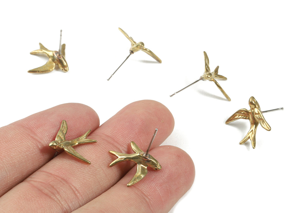 Brass Swallow Earring Post - Raw Brass Swallow Earring Stud - Earring Findings - Jewellery Supplies - 17.64x14.85x3.26mm - PP3007 - DOMEDBAZAAR