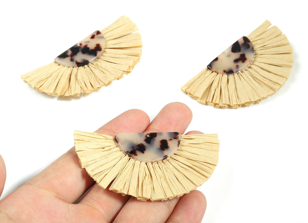Acetate Semicircle Raffia Tassels Charm - Blonde Earring with Fan Tassels - Double-Layer Raffia - Color Code:A06 - 74.3x39.62x5.5mm - AC1777 - DOMEDBAZAAR