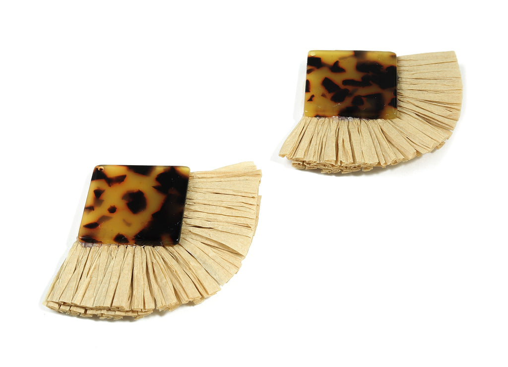 Acetate Square Raffia Tassels Charms - Earrings with Fan Tassels - Double-layer raffia - Color Code: A01 - 73.5x56.54x5.28mm - AC1770 - DOMEDBAZAAR