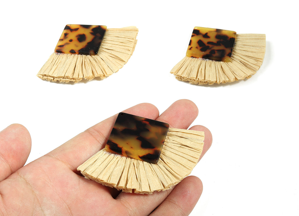 Acetate Square Raffia Tassels Charms - Earrings with Fan Tassels - Double-layer raffia - Color Code: A01 - 73.5x56.54x5.28mm - AC1770 - DOMEDBAZAAR