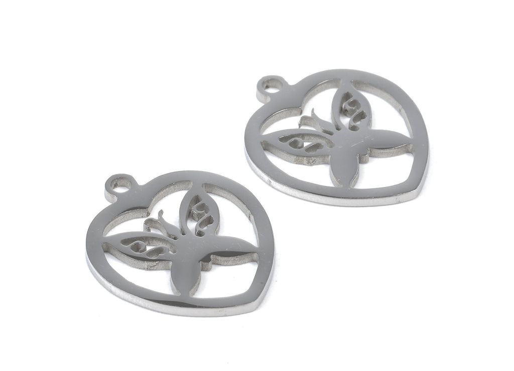 Stainless Steel Butterfly Charms - Butterfly in Heart - Heart Earrings and Pendant - Bracelet Pendant - 17.48x14.97x0.93mm - SS1033 - DOMEDBAZAAR