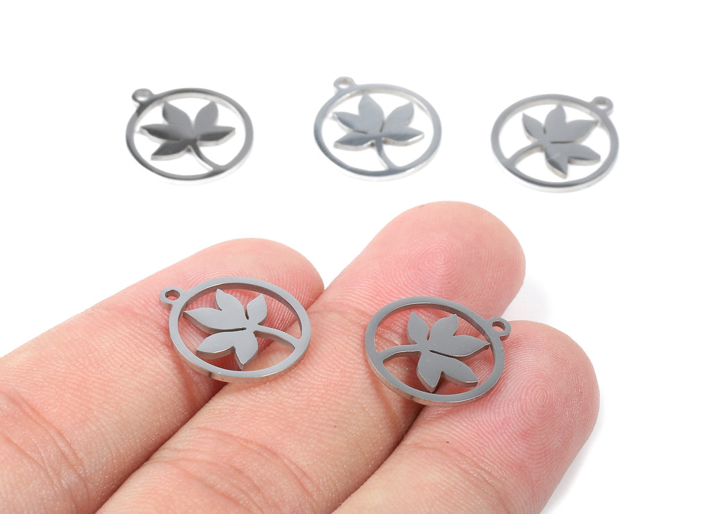 Stainless Steel Flower Charms - Flower in Circle - Circle Earrings and Pendant - Bracelet Pendant - 16.87x14.9x0.93mm - SS1051 - DOMEDBAZAAR