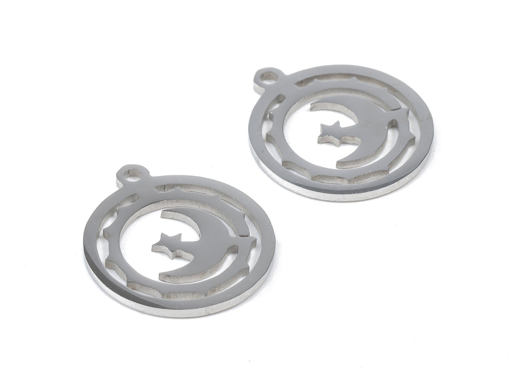 Stainless Steel Moon Charms - Moon in Circle - Circle Earrings and Pendant - Bracelet Pendant - 17.46x15.36x0.93mm - SS1040 - DOMEDBAZAAR