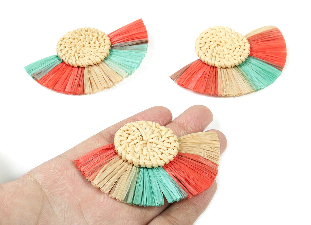 Rattan Raffia Tassel Round Charms - Circle Earrings with Fan Tassels - Handmade Rattan - Woven Earrings - 80.38x57.23x7.17mm - RT1348 - DOMEDBAZAAR