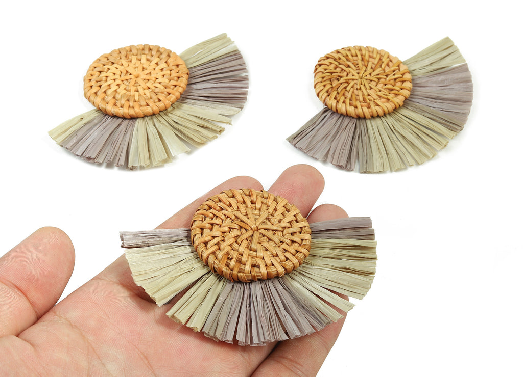Rattan Raffia Tassel Round Charms - Circle Earrings with Fan Tassels - Handmade Rattan - Woven Earrings - 82.9x60.58x6.72mm - RT1340 - DOMEDBAZAAR