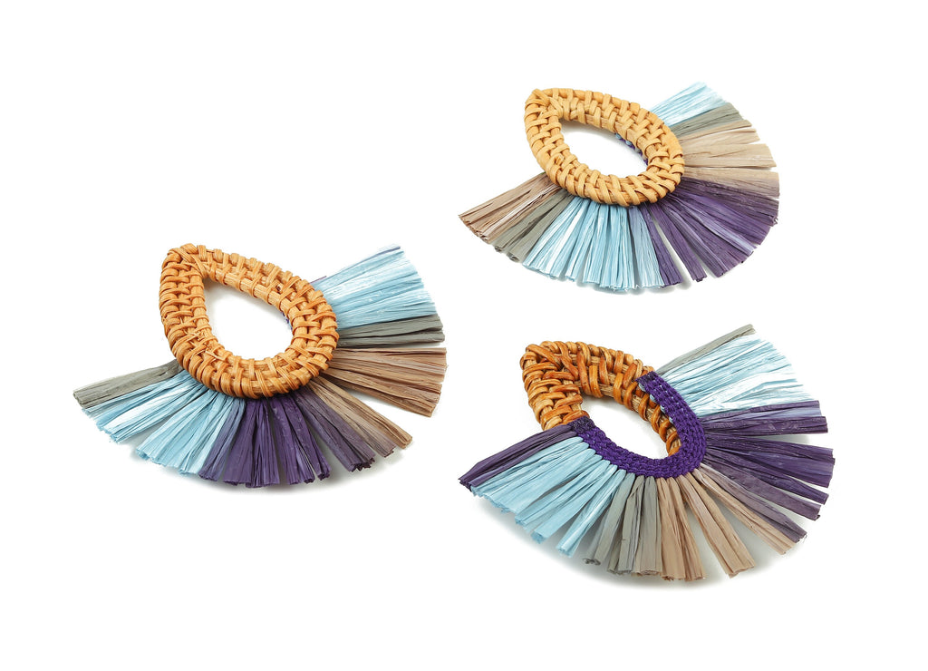 Rattan Raffia Tassel Drop Charms - Drop Earrings with Fan Tassels - Handmade Rattan - Woven Earrings - 75.53x70.72x5.48mm - RT1343 - DOMEDBAZAAR