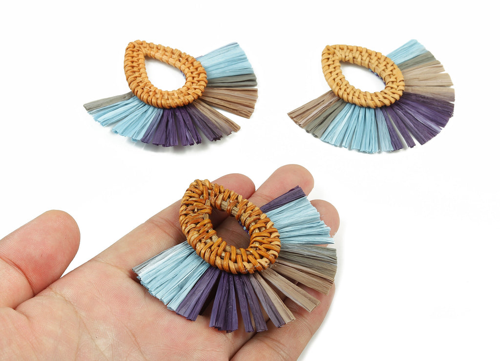 Rattan Raffia Tassel Drop Charms - Drop Earrings with Fan Tassels - Handmade Rattan - Woven Earrings - 75.53x70.72x5.48mm - RT1343 - DOMEDBAZAAR