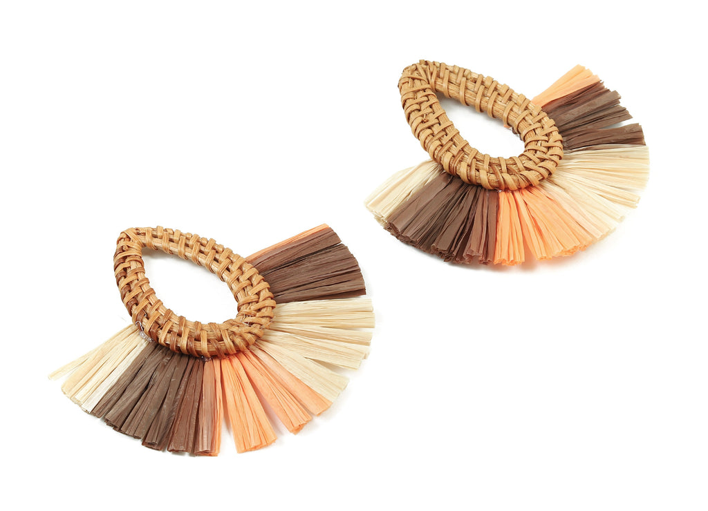 Rattan Raffia Tassel Drop Charms - Drop Earrings with Fan Tassels - Handmade Rattan - Woven Earrings - 75.53x70.72x5.48mm - RT1342 - DOMEDBAZAAR
