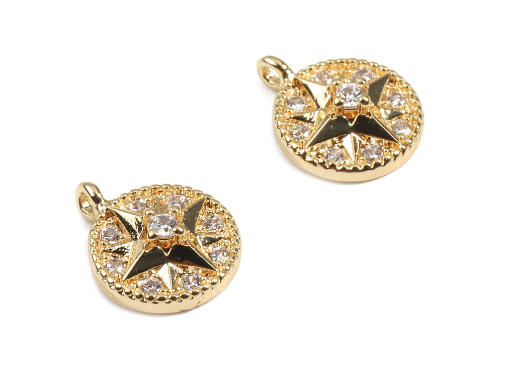Brass Compass Earring Charms With Zircons - Brass Compass Necklace and Pendant - 18K Real Gold Plated Brass - 11.27x8.87x3.34mm - RGP2455 - DOMEDBAZAAR