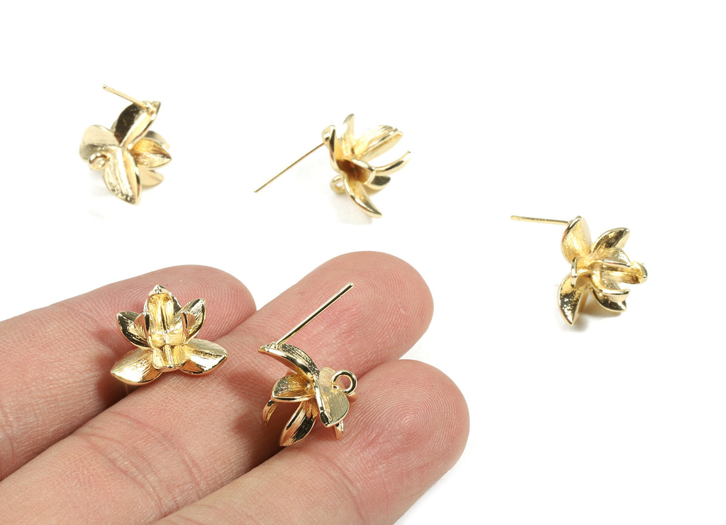 Brass Lotus Figure Earring Stud With Loop - Brass Lotus Figure Earring Post - 18K Real Gold Plated Brass - 13.53x13.53x1.02mm - RGP2459 - DOMEDBAZAAR