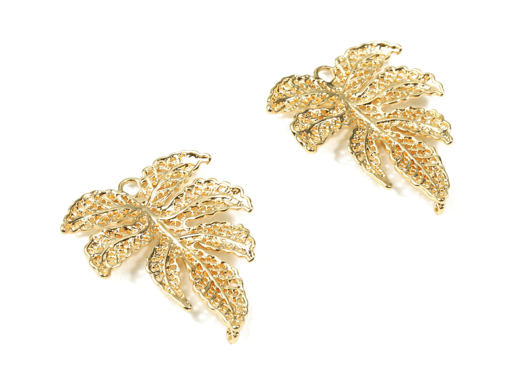 Brass Leaf Earring Charms - Gold Leaf Pendant - 18K Real Gold Plated Brass - Jewelry Supplies - 33.57x26.16x2.29mm - RGP2522 - DOMEDBAZAAR