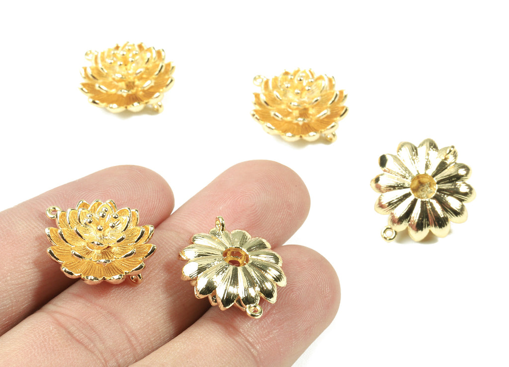 Brass Water Lily Earring Charms - Gold Flower Connectors - 18K Real Gold Plated Brass - Jewelry Supplies - 20.36x18.19x1.68mm - RGP2503 - DOMEDBAZAAR