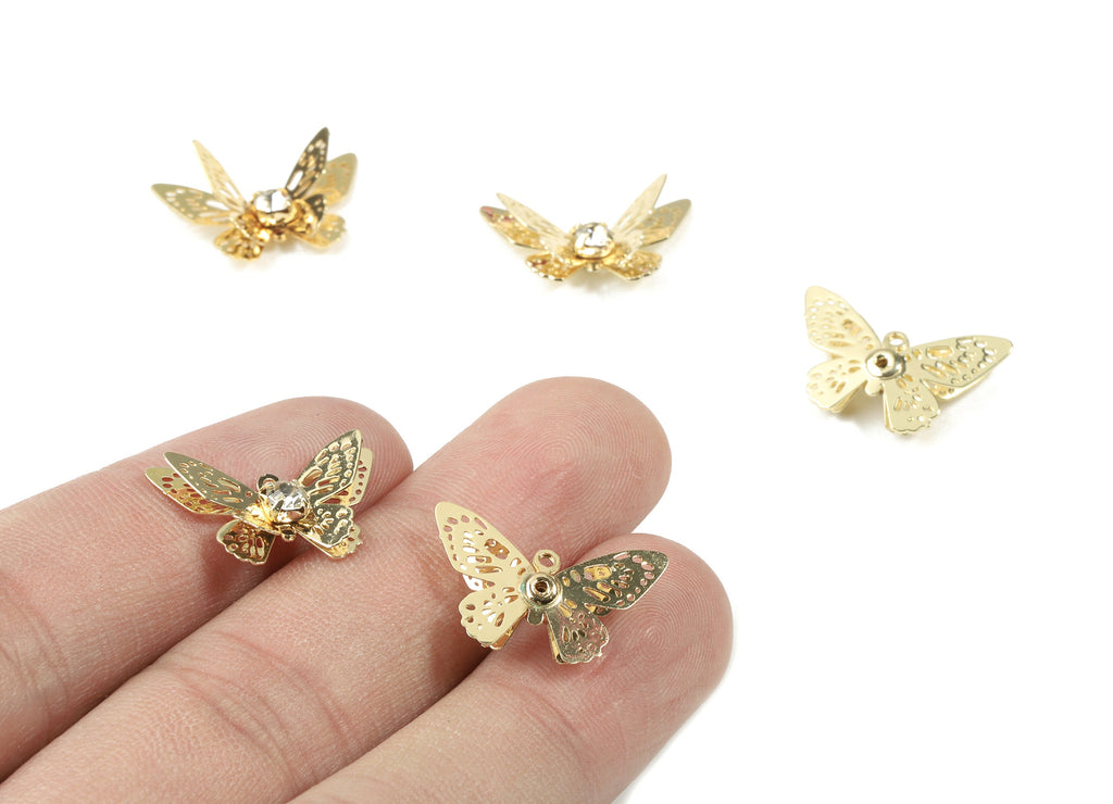 Brass Butterfly Earring Charms With Zincon - Gold Butterfly Pendant - 18K Real Gold Plated Brass - 20.04x12.33x4.07mm - RGP2570 - DOMEDBAZAAR