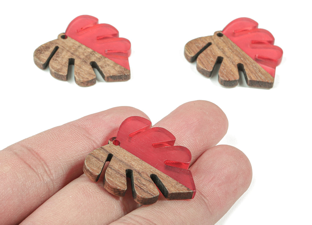 Epoxy Redwood Monstera Charm - Epoxy Resin Wood Leaf Pendant -  Redwood and Resin Necklace - Jewelry Supplies - 30.45x28.25x3.83mm - BB1094C - DOMEDBAZAAR