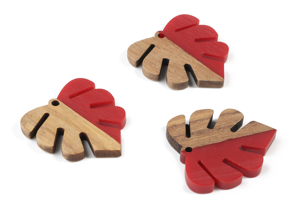 Epoxy Redwood Monstera Charm - Epoxy Resin Wood Leaf Pendant -  Redwood and Resin Necklace - Jewelry Supplies - 30.45x28.25x3.83mm - BB1094D - DOMEDBAZAAR