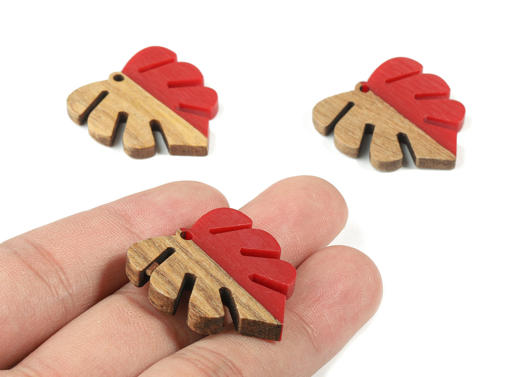 Epoxy Redwood Monstera Charm - Epoxy Resin Wood Leaf Pendant -  Redwood and Resin Necklace - Jewelry Supplies - 30.45x28.25x3.83mm - BB1094D - DOMEDBAZAAR