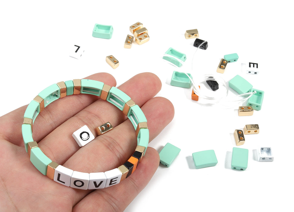 Tile Bracelet Beads Set - Enamel Rectangle Love 2 Hole Beads for Stretchy Bracelet - Tila Tile Jewellery Making - 60x8.28x4.44mm - ET1003D - DOMEDBAZAAR