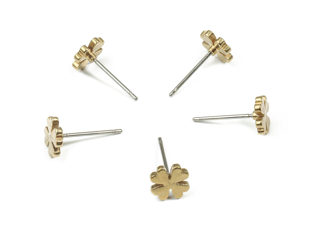 Brass Clover Earring Stud - Raw Brass Four-Leaf Clover Earring Post - Steel Stud - Earring Post - Jewelry Supplies - 7.8x7.8x1.5mm - PP3151 - DOMEDBAZAAR