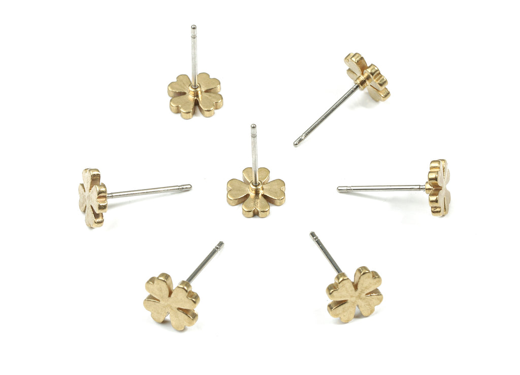 Brass Clover Earring Stud - Raw Brass Four-Leaf Clover Earring Post - Steel Stud - Earring Post - Jewelry Supplies - 7.8x7.8x1.5mm - PP3151 - DOMEDBAZAAR