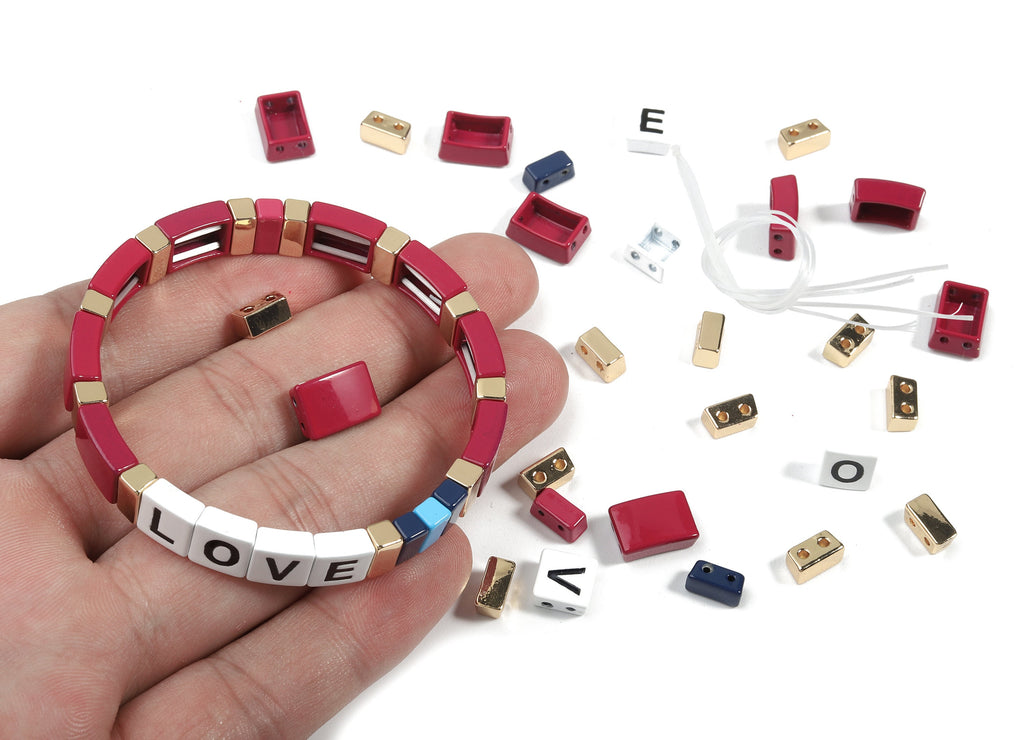 Tile Bracelet Beads Set - Enamel Rectangle Love 2 Hole Beads for Stretchy Bracelet - Tila Tile Jewellery Making - 60x8.28x4.44mm - ET1003B - DOMEDBAZAAR