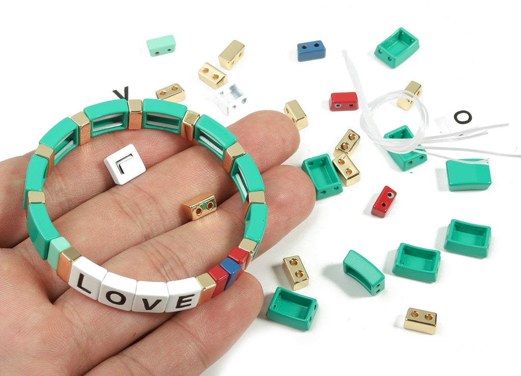 Tile Bracelet Beads Set - Enamel Rectangle Love 2 Hole Beads for Stretchy Bracelet - Tila Tile Jewellery Making - 60x8.28x4.44mm - ET1003E - DOMEDBAZAAR
