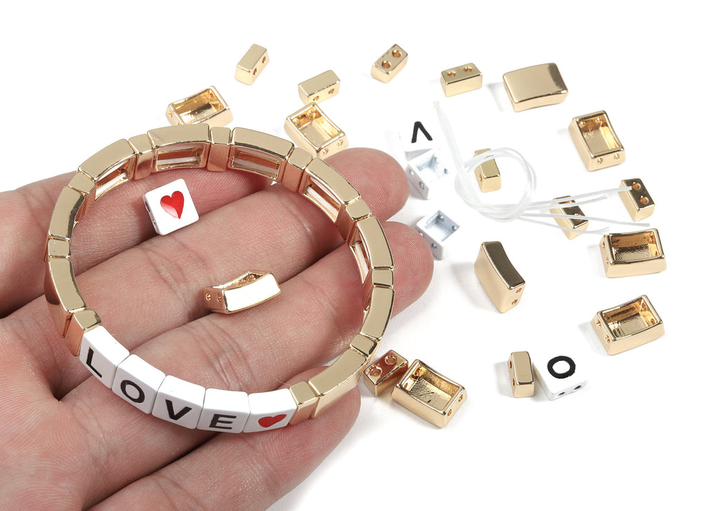 Tile Bracelet Beads Set - Enamel Rectangle Love 2 Hole Beads for Stretchy Bracelet - Tila Tile Jewellery Making - 60x8.28x4.44mm - ET1003M - DOMEDBAZAAR