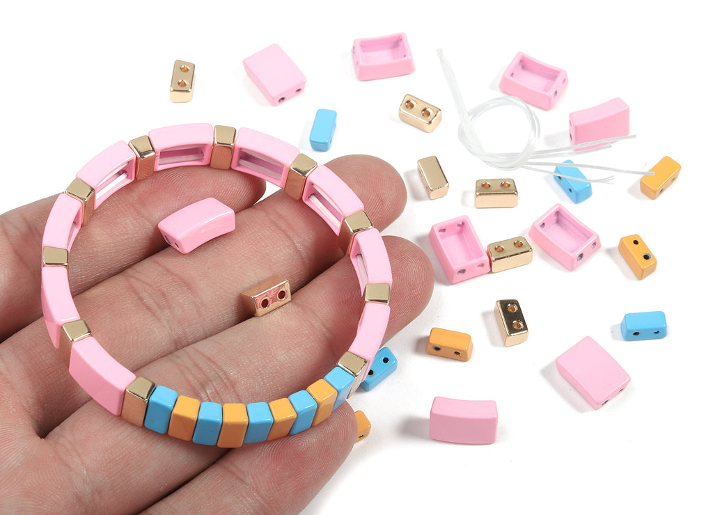 Tila Tile Bracelet Beads Set - Enamel Rectangle 2 Hole Beads for Stretchy Bracelet - Tila Beads Jewellery Making SET - 59x8.2x4.4mm-ET1007A - DOMEDBAZAAR
