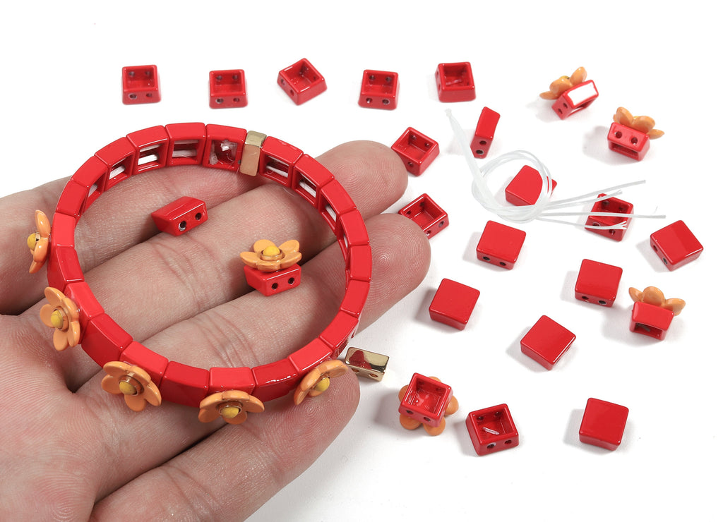 Tila Tile Bracelet Beads Set - Enamel Flower Square 2 Hole Beads for Bracelet - Tila Beads Jewellery Making SET - 60x7.95x7.7mm - ET1002B - DOMEDBAZAAR
