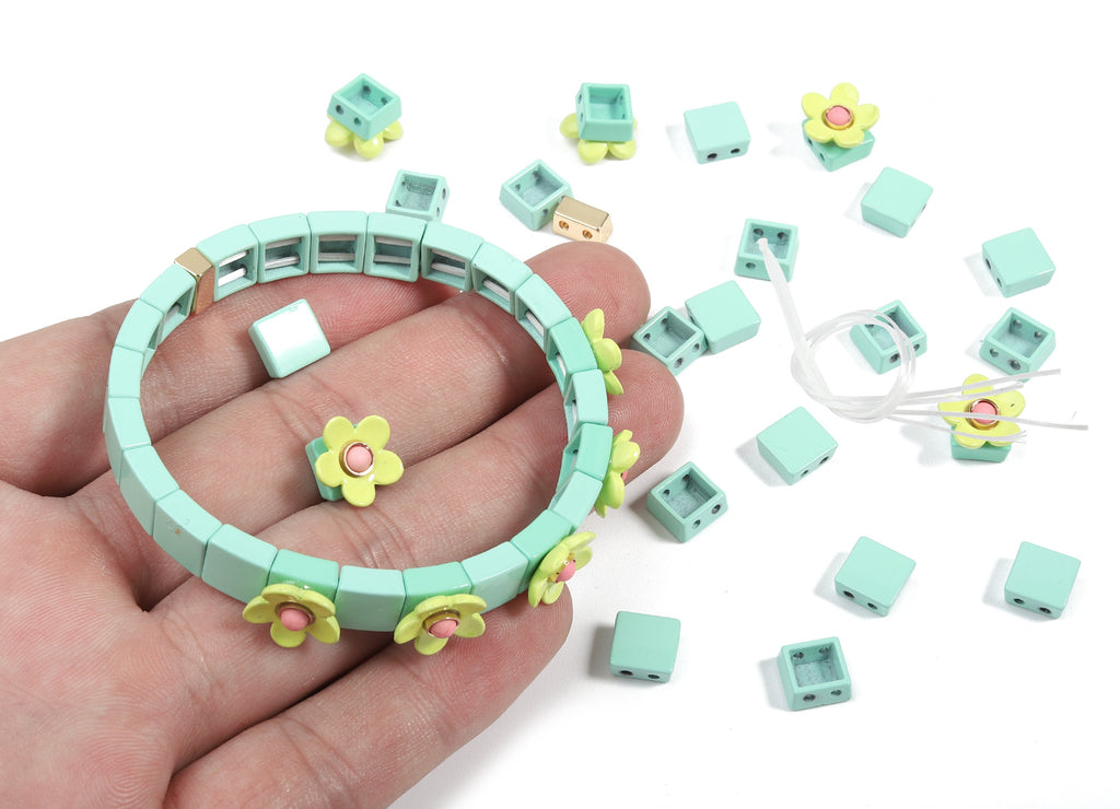 Tila Tile Bracelet Beads Set - Enamel Flower Square 2 Hole Beads for Bracelet - Tila Beads Jewellery Making SET - 60x7.95x7.7mm - ET1002C - DOMEDBAZAAR
