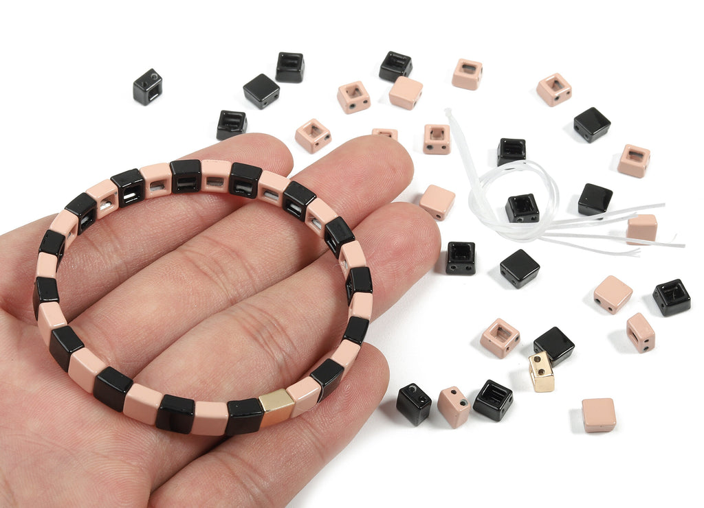 Tila Tile Bracelet Beads Set - Enamel Square 2 Hole Beads for Stretchy Bracelet - Tila Beads Jewellery Making SET - 60x6x3.64mm - ET1016A - DOMEDBAZAAR