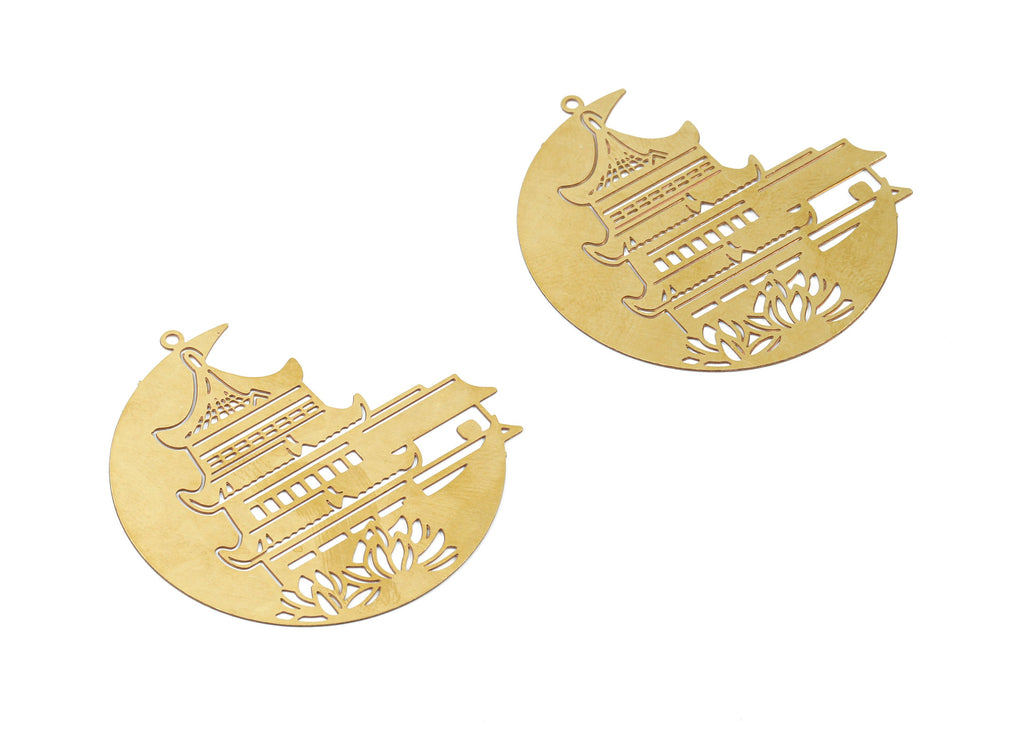 Brass Chinese Temple Earring Charms - Raw Brass Temple Pendant - Earring Findings - Jewelry Supplies - 40x39.15x0.3mm - JJB5369 - DOMEDBAZAAR