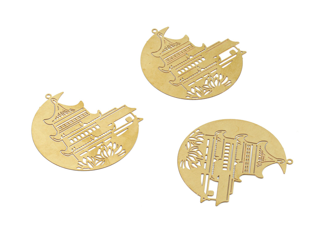 Brass Chinese Temple Earring Charms - Raw Brass Temple Pendant - Earring Findings - Jewelry Supplies - 40x39.15x0.3mm - JJB5369 - DOMEDBAZAAR