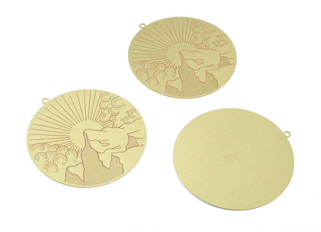 Brass Clouds Sun Earring Charms - Raw Brass Mountain Sun Pendant - Earring Findings - Jewelry Supplies - 63.3x59.9x0.3mm - JJD2066 - DOMEDBAZAAR
