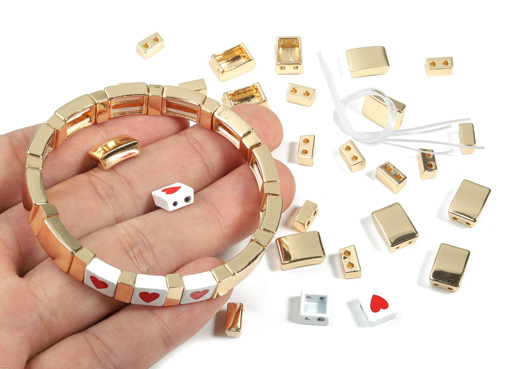Tila Tile Bracelet Beads Set - Enamel Heart Rectangle 2 Hole Glass Beads for Bracelet - Tila Beads Jewellery Making - 62x8.1x4.1mm - ET1031A - DOMEDBAZAAR