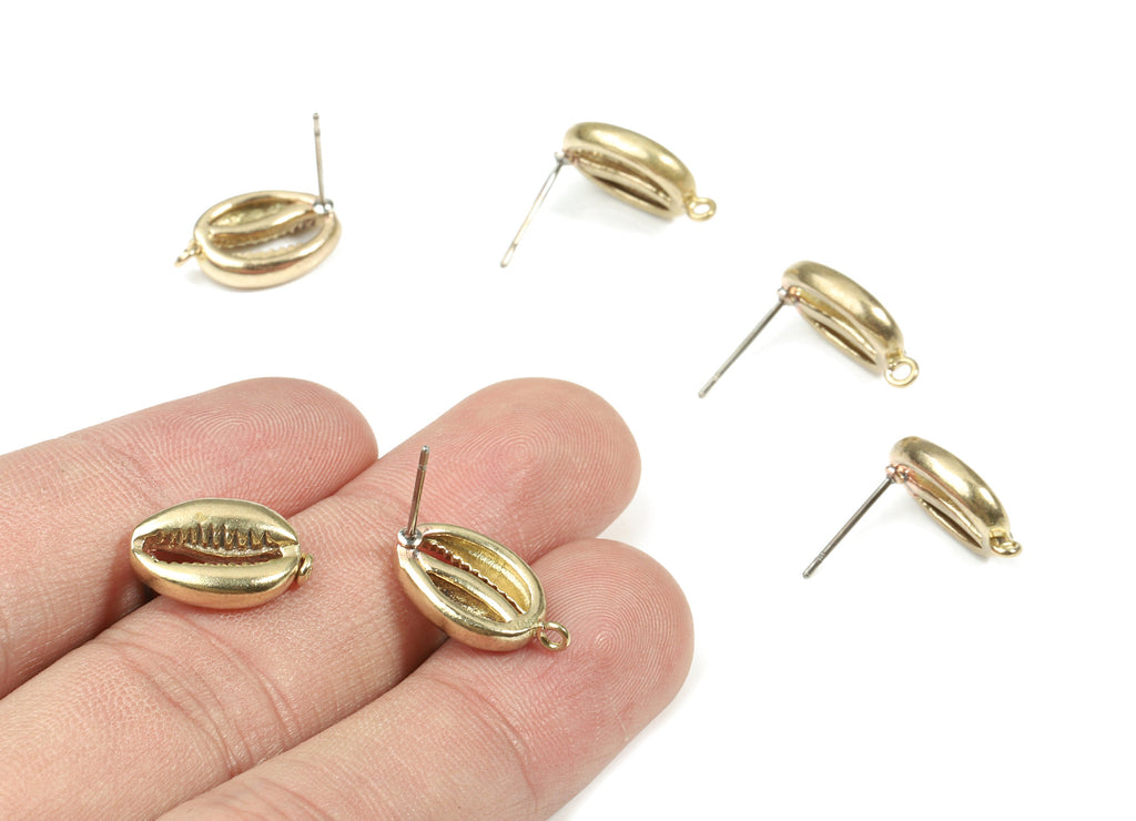 Brass Cowrie Seashell Earring Stud - Raw Brass Cut Open Seashells Earring Post - Surgical Steel - Jewelry Supplies - 19.4x10.1x3.5mm- PP3269 - DOMEDBAZAAR