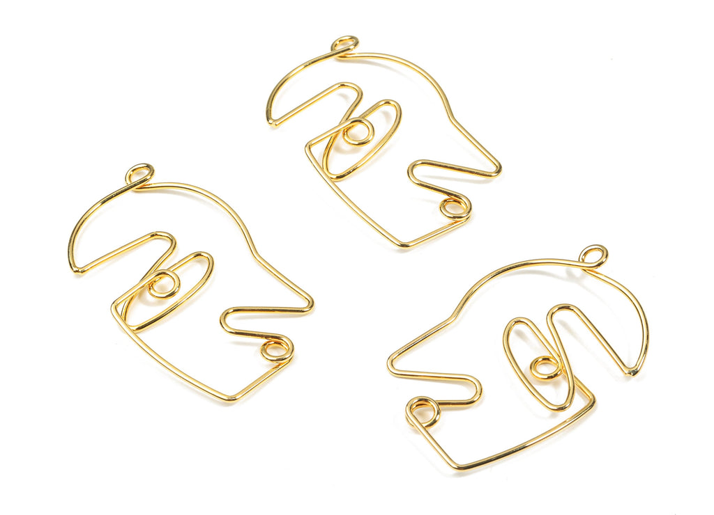 Brass Face Wire Pendant - Brass Wire Man Face Earring Charms - 18K Real Gold Plating Brass - Jewelry Supplies - 51.25x32.61x3.14mm - RGP2599 - DOMEDBAZAAR