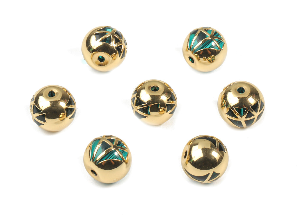 Glass Spacer Ball Beads - Copper And K9 Green Crystal Glass Diamond Beads - 18K Real Gold Plated Copper - 12.23x11.15mm - GS1012G - DOMEDBAZAAR