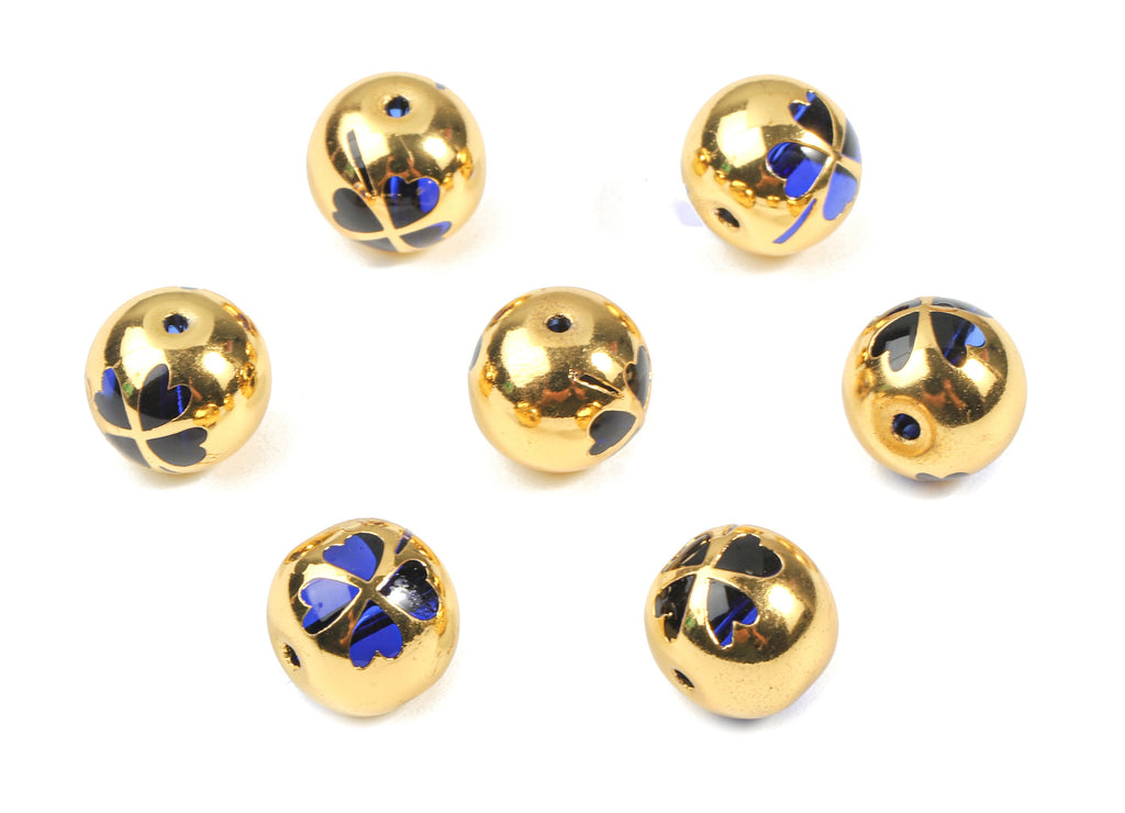 Glass Spacer Ball Beads - Copper And K9 Dark Blue Crystal Glass Flower Beads - 18K Real Gold Plated Copper - 12.23x11.15mm - GS1013G - DOMEDBAZAAR