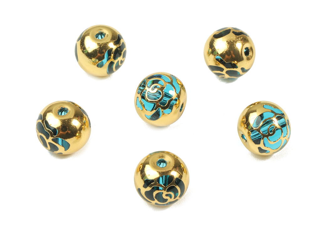 Glass Spacer Ball Beads - Copper And K9 Blue Crystal Glass Rose Beads - 18K Real Gold Plated Copper - 10.24x9.11mm  - GS1015G - DOMEDBAZAAR