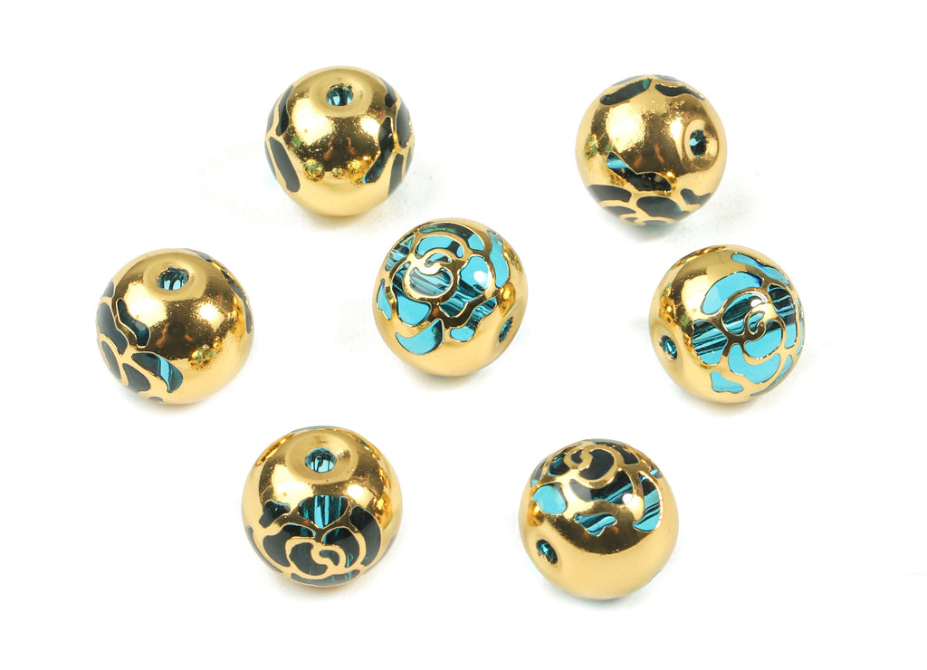 Glass Spacer Ball Beads - Copper And K9 Blue Crystal Glass Rose Beads - 18K Real Gold Plated Copper - 10.24x9.11mm  - GS1015G - DOMEDBAZAAR