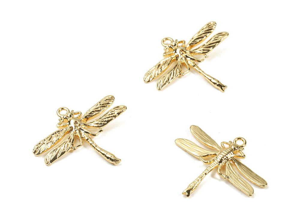 Brass Dragonfly Earring Charms - Brass Dragonfly Earring Pendant - 18K Real Gold Plating Brass - 24.9x21.75x2.87mm - RGP2323 - DOMEDBAZAAR