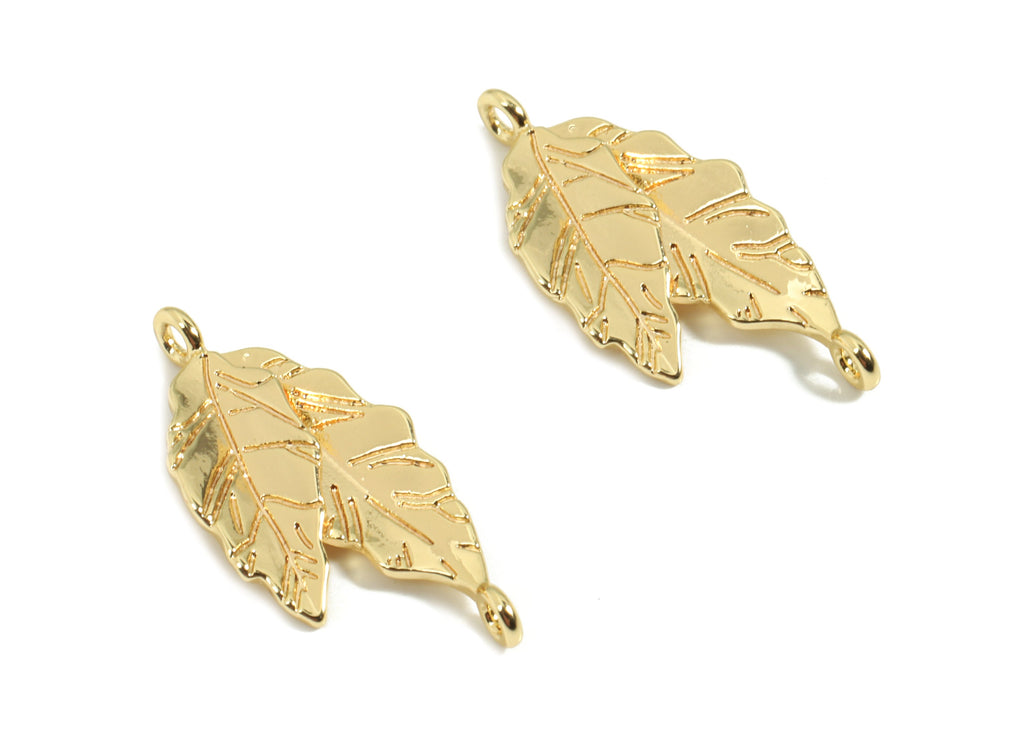 Brass Leafs Earring Charms - Gold  Double Leaf Pendant - 18K Real Gold Plated Brass - Jewelry Supplies - 22.37x10.22x2.57mm - RGP2602 - DOMEDBAZAAR