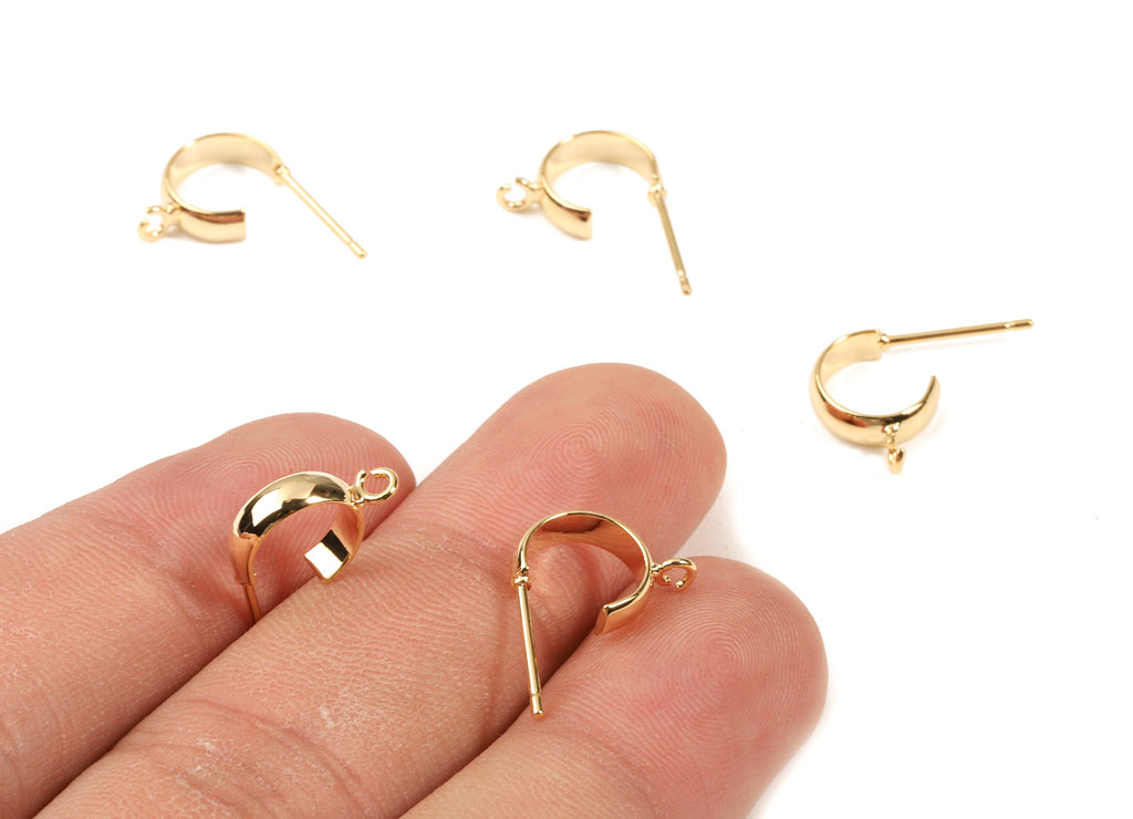 Brass C Earing Stud - Brass C Earring Post With Loop - 18K Real Gold Plated Brass - Jewelry Supplies - 12.68x4x0.93mm - RGP2310 - DOMEDBAZAAR