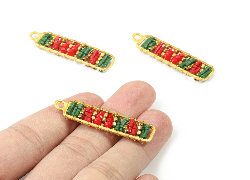 Glass Beaded Brass Rectangle Earring Charms - Handmade Glass Beaded Brass Earring Wire - Japanese Seed Beads - 44.29x11.93x3.7mm - TH1079B - DOMEDBAZAAR