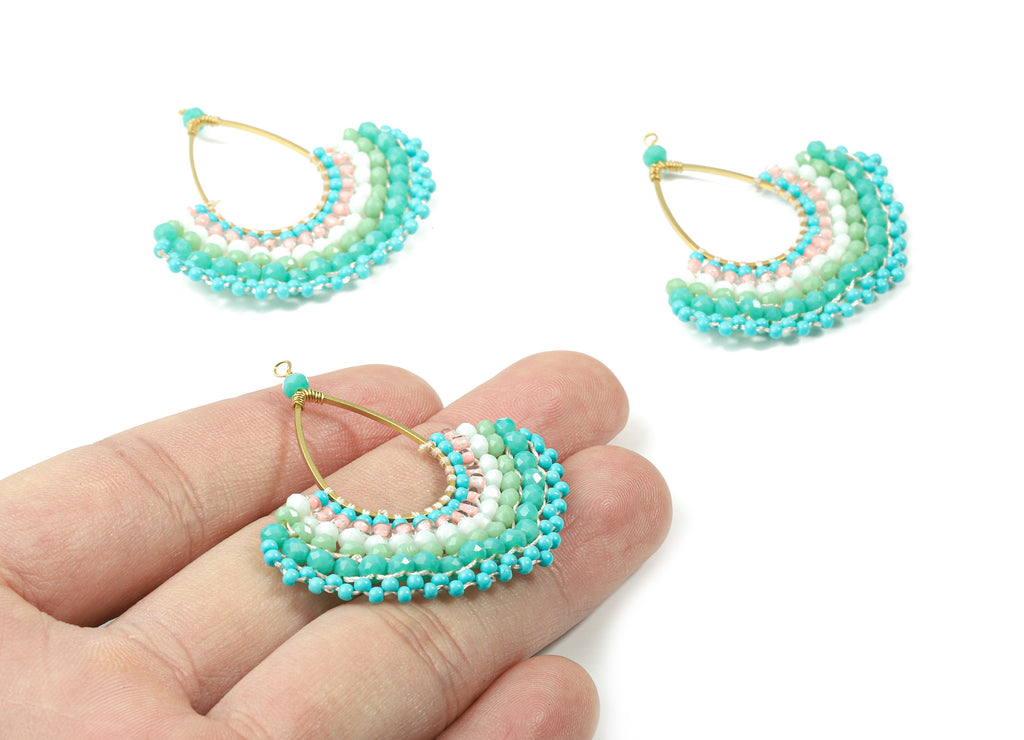 Glass Beaded Brass Drop Fan Earring Charms - Handmade Glass Beaded Brass - Earring Wire - Japanese Seed Beads - 44.63x44.05x3.02mm - TH1081 - DOMEDBAZAAR