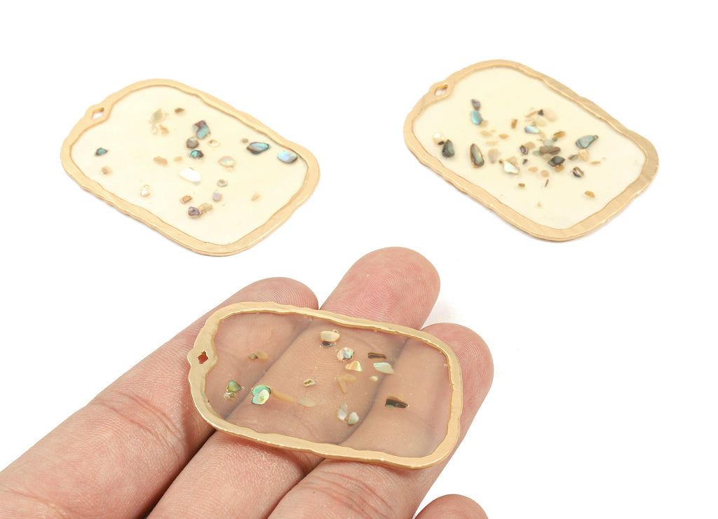 Alloy Rectangle Charms With Mini Shells - Glass Rectangle Necklace Pendant With Mini Shells - Earring Finding - 46.99x33.11x1.82mm - ZZ1583 - DOMEDBAZAAR
