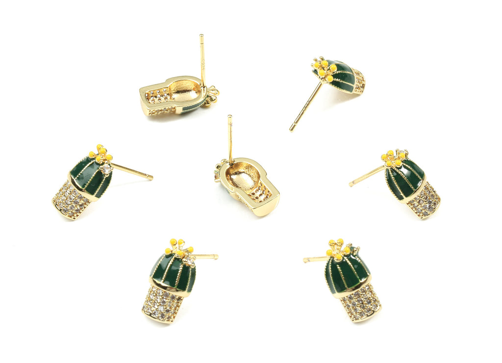 Brass Cactus Earring Post - Gold Cactus Stud Earring With Zircons - Enamel Cactus Stud - 18K Real Gold Plated Brass - 14x7.6x3.8mm - RGP2610 - DOMEDBAZAAR
